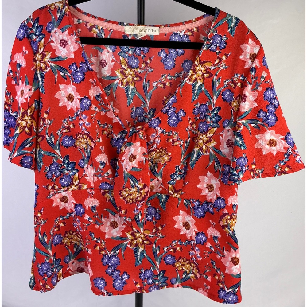 Rewind Red Floral V Neck Tie Front Smocked Waist Short Sleeve‎ Top Plus Size LG